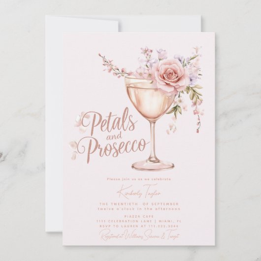 ピンクのバラのブライダルシャワー Petals And Prosecco 招待状 (正面)