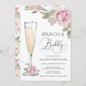 ピンクのバラのブライダルランチとバブル ミモサ 招待状 (正面/裏面)