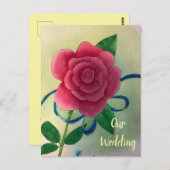 ピンクのバラのブルーリボン結婚式招待状ポストカード ポストカード (正面/裏面)