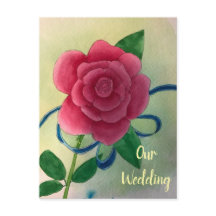 ピンクのバラのブルーリボン結婚式招待状ポストカード