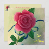 ピンクのバラのブルーリボン ウォーターカラー結婚式の招待状 案内状 (正面/裏面)