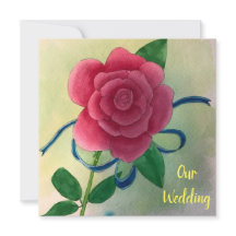 ピンクのバラのブルーリボン ウォーターカラー結婚式の招待状