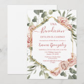 ピンクのバラのベビーシャワーの女の子 スペイン語 招待状 (正面/裏面)