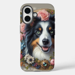 ピンクのバラのボーダーコリーiPhone/iPadケース iPhone 16ケース