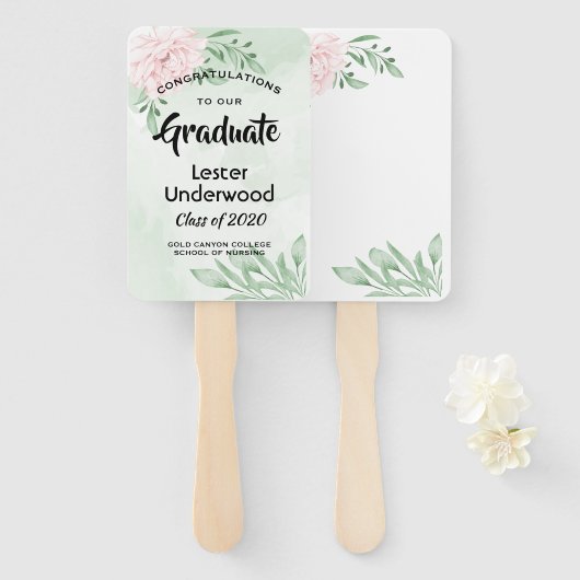 ピンクのバラのユーカリの葉の卒業 ハンドファン (正面&裏面)