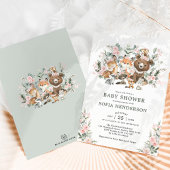 ピンクのバラのユーカリプトゥスウッドランド動物のベビーシャワー 招待状