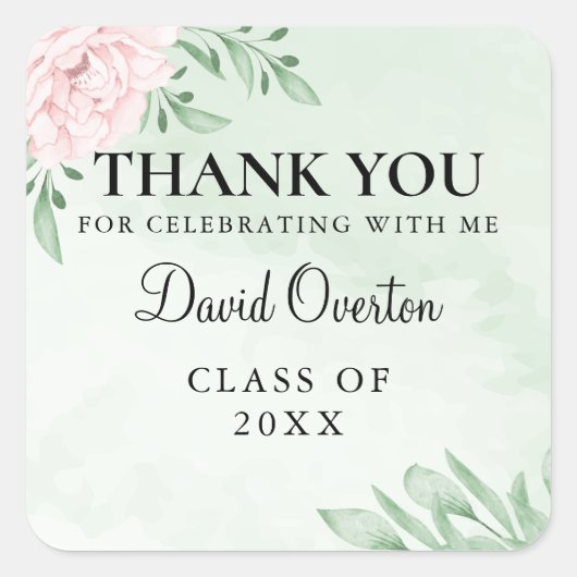 ピンクのバラのユーカリ多肉茎葉卒業 スクエアシール (正面)