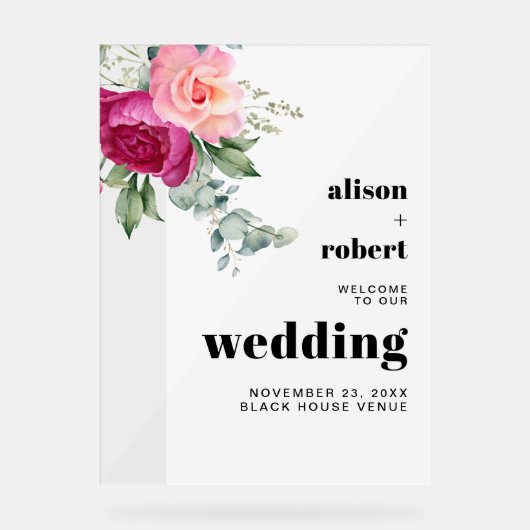 ピンクのバラのユーカリ結婚プスの歓迎 アクリルサイン (正面)