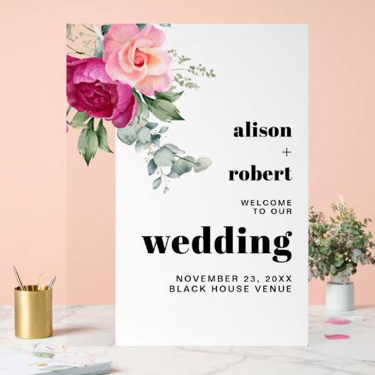 ピンクのバラのユーカリ結婚プスの歓迎 アクリルサイン (ウェディング)