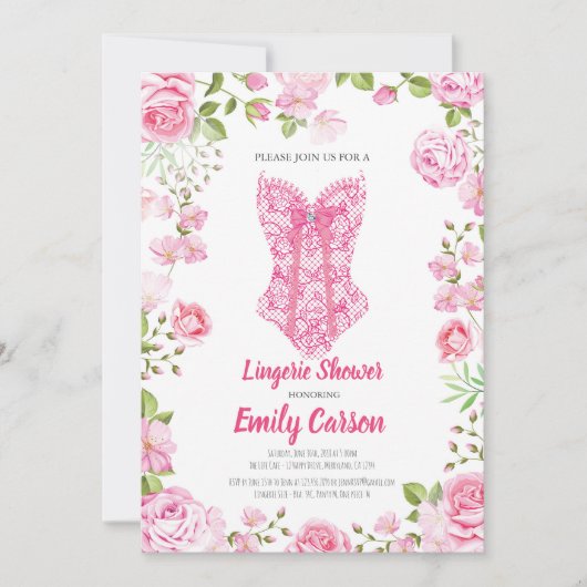 ピンクのバラのランジェリーのシャワー。 エレガントなブライダルパーティ 招待状 (正面)