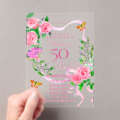 ピンクのバラのリボンの50歳の誕生日招待状 アクリル招待状 (インサイチュ (ポータブル))