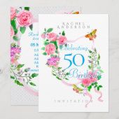 ピンクのバラのリボンの50歳の誕生日招待状 シーズンカード (正面/裏面)