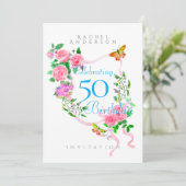 ピンクのバラのリボンの50歳の誕生日招待状 シーズンカード (スタンド正面)