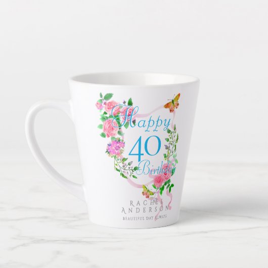 ピンクのバラのリボン40歳の誕生日 カフェラテマグ (左)