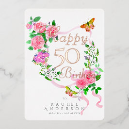 ピンクのバラのリボン 誕生日おめでとうの箔押しカード 箔シーズンカード