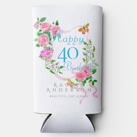 ピンクのバラのリボン 40歳の誕生日クーラー スリム缶クーラー (正面)