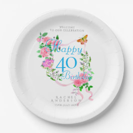 ピンクのバラのリボン 40歳の誕生日 ペーパープレート