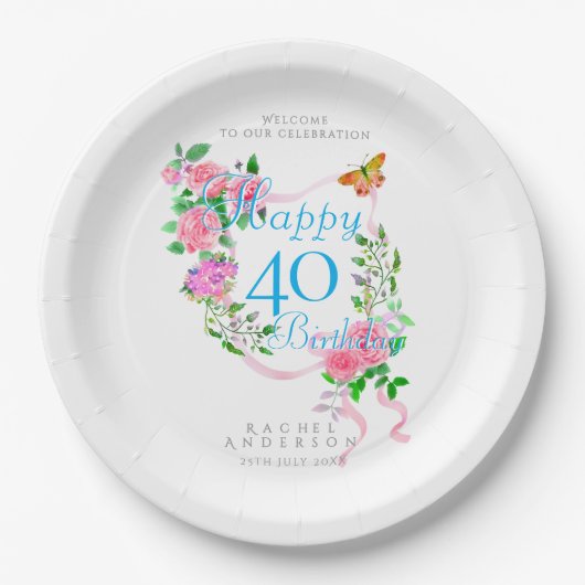 ピンクのバラのリボン 40歳の誕生日 ペーパープレート (正面)