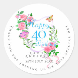 ピンクのバラのリボン 40歳の誕生日 ラウンドシール
