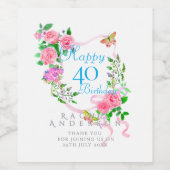 ピンクのバラのリボン 40歳の誕生日 ワインラベル (シングルラベル)