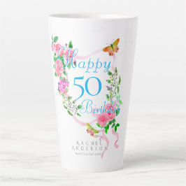 ピンクのバラのリボン 50歳の誕生日 カフェラテマグ