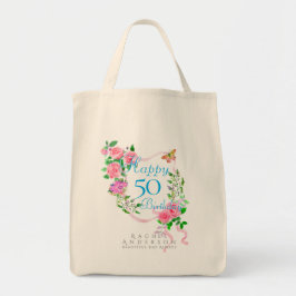 ピンクのバラのリボン 50歳の誕生日 トートバッグ