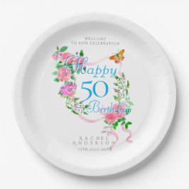 ピンクのバラのリボン 50歳の誕生日 ペーパープレート