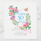 ピンクのバラのリボン 50歳の誕生日 ワインラベル (シングルラベル)