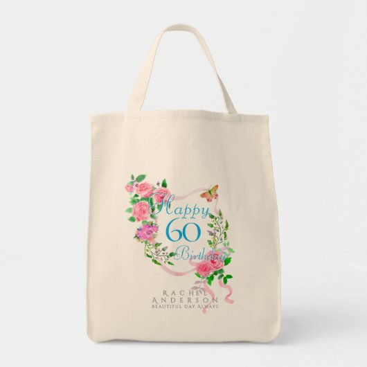 ピンクのバラのリボン 60歳の誕生日 トートバッグ (正面)