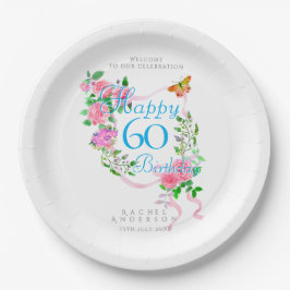 ピンクのバラのリボン 60歳の誕生日 ペーパープレート