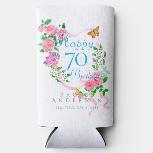 ピンクのバラのリボン 70歳の誕生日クーラー スリム缶クーラー (正面)