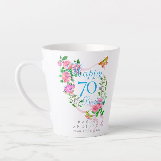 ピンクのバラのリボン 70歳の誕生日 カフェラテマグ (左)