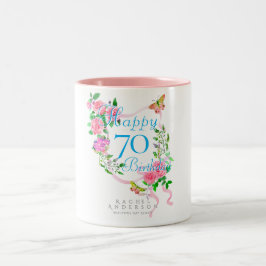 ピンクのバラのリボン 70歳の誕生日 ツートーンマグカップ