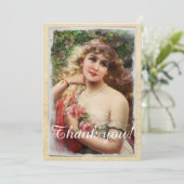 ピンクのバラのロマンチックなビクトリアン女性 サンキューカード (スタンド正面)