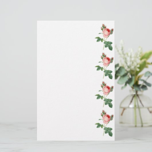 ピンクのバラのヴィンテージの植物のイラストレーションのボーダー 便箋 (スタンド正面)