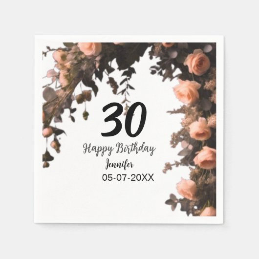 ピンクのバラのヴィンテージモダンの花30歳の誕生日 スタンダードカクテルナプキン (正面)