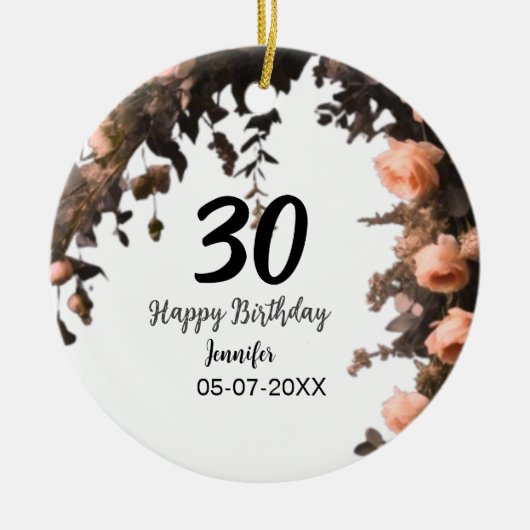 ピンクのバラのヴィンテージモダンの花30歳の誕生日 セラミックオーナメント (正面)