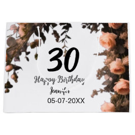 ピンクのバラのヴィンテージモダンの花30歳の誕生日 ラージペーパーバッグ