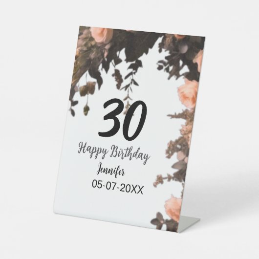 ピンクのバラのヴィンテージモダンの花30歳の誕生日 台座サイン (正面)