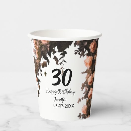 ピンクのバラのヴィンテージモダンの花30歳の誕生日 紙コップ (正面)