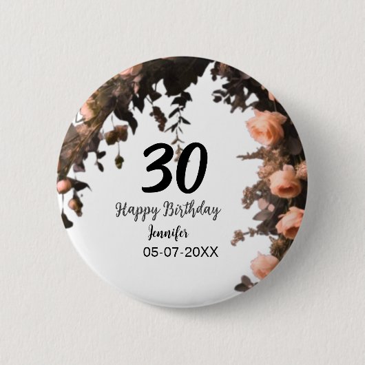 ピンクのバラのヴィンテージモダンの花30歳の誕生日 缶バッジ (正面)