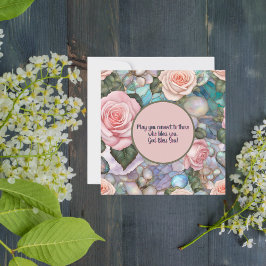 ピンクのバラの上に虹色の小石恵み シーズンカード