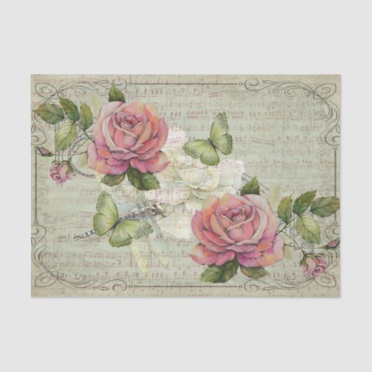 ピンクのバラの不思議な国の緑の蝶 薄葉紙 (正面)