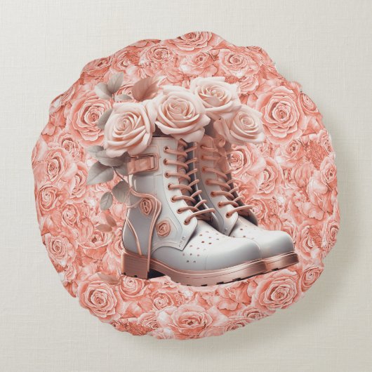 ピンクのバラの丸いクッションに平和のすばらしいメッセージ ラウンドクッション (裏面)