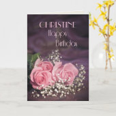 ピンクのバラの付いた誕生日カードの名前を追加する カード (黄色い花)