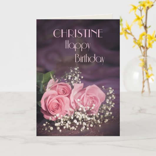 ピンクのバラの付いた誕生日カードの名前を追加する カード (黄色い花)