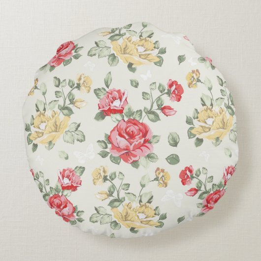 ピンクのバラの優雅の壁紙パターン ラウンドクッション (裏面)