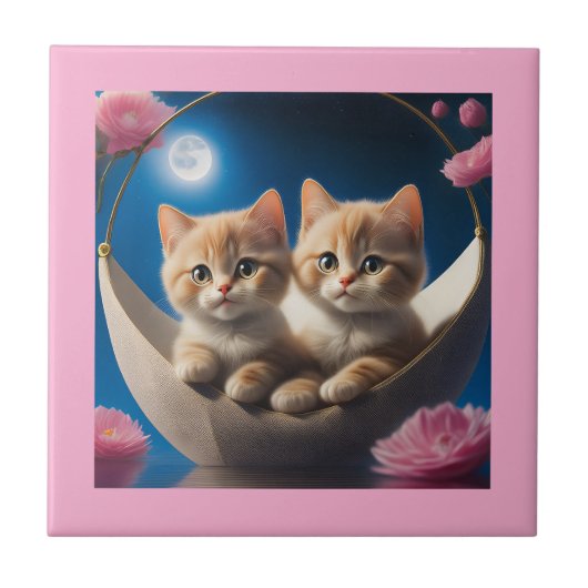 ピンクのバラの入ったバスケットに入った2匹の子猫 タイル (正面)