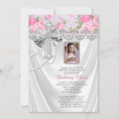 ピンクのバラの写真の最初のコミューンホワイトサテン 招待状 (正面)