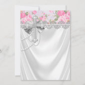 ピンクのバラの写真の最初のコミューンホワイトサテン 招待状 (裏面)